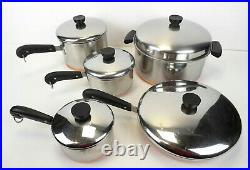 Revere Ware 1801 Stainless Steel Copper Bottom Cookware 10 Pc Set Pots & Pan VTG