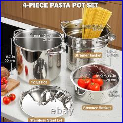 Stainless Steel 12 Quart Pasta Pot Set with Strainer Insert & Lid 4 Pieces
