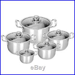 Stainless Steel 5pc Cookware Casserole Stockpot Pot Hob Set With Glass Lids