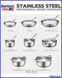 Stainless Steel Cookware Set, 14 Pcs Tir-Ply Pots and Pans Set, PFOA&PTFE Free
