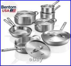 Stainless Steel Cookware Set, 14 Pcs Tir-Ply Pots and Pans Set, PFOA&PTFE Free