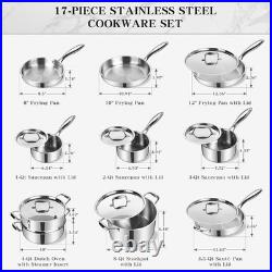 Stainless Steel Cookware Set 17 Piece 3 Ply Pots and Pans Kitchenware Set