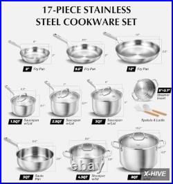 Stainless Steel Cookware Set 17 Piece, Professional 18/10 Stianless Steel Pots a