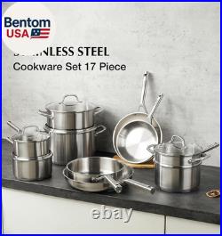 Stainless Steel Cookware Set 17 Piece, Professional 18/10 Stianless Steel Pots a