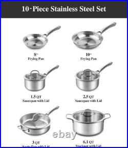 Stainless Steel Cookware Set, Tir-Ply Pots and Pans Set, 10 Pcs Stainless Steel