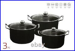 Stylish 3pc Stainless Steel Casserole Stock pot Set INDUCTION Cookware Black