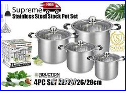 Supreme Stainless Steel Stock pot Set With Glass Lids Kitchen Cookware 4pc