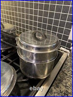 VTG Lifetime Stainless Pot Pan Lot Of 10 Piece Skillets Double Boiler Lids 1950