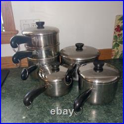 Vintage Reverware Stainless Pots Pans Set Tri-ply 4+ Steamer, Dbl Boiler + Lids