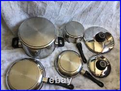 Vintage set 6 pc. Cooks Club pans 18/10 Stainless Steel 1994 Steam control lids